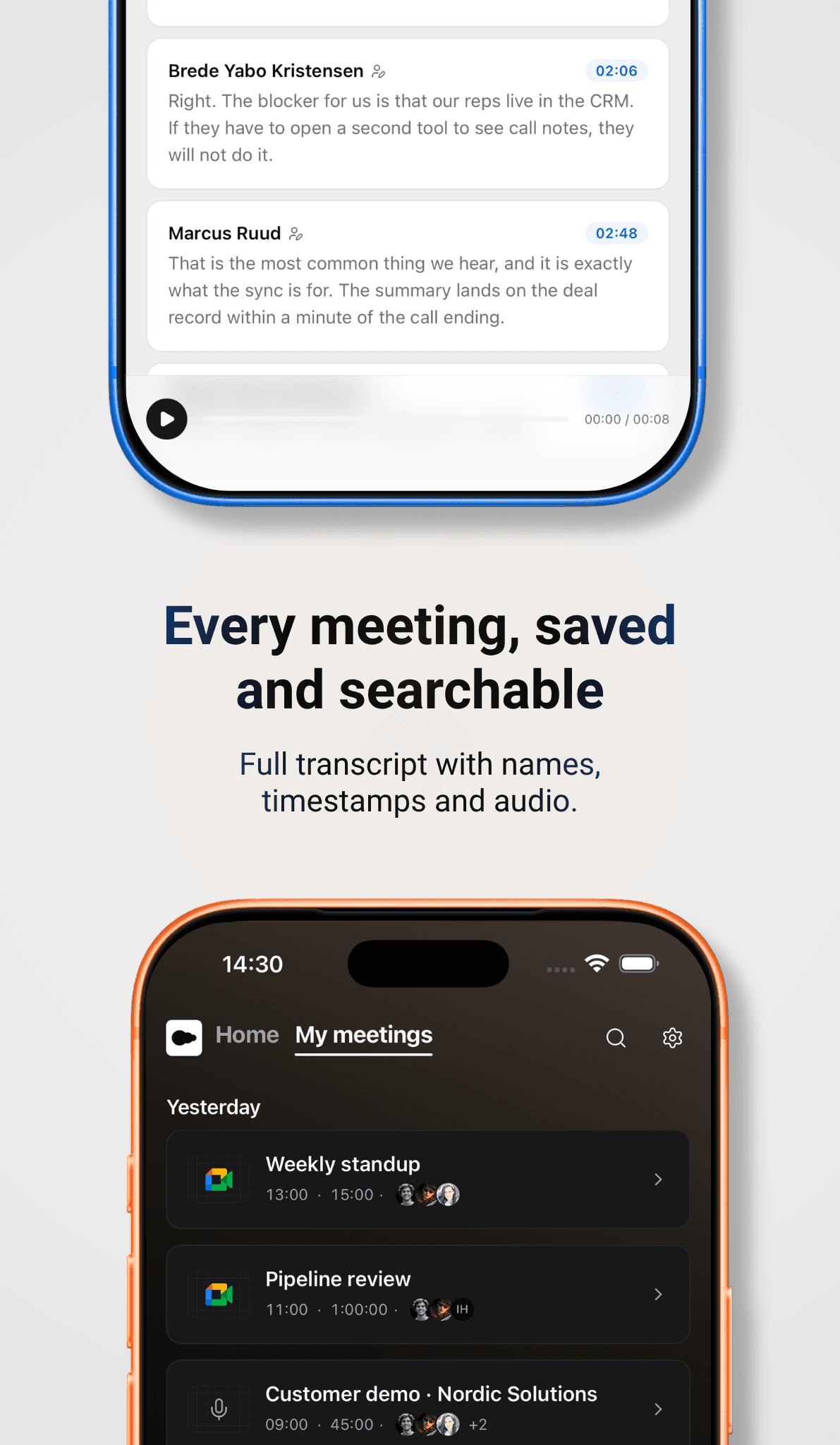 Meeting transcript with speaker names and timestamps in the Trale app