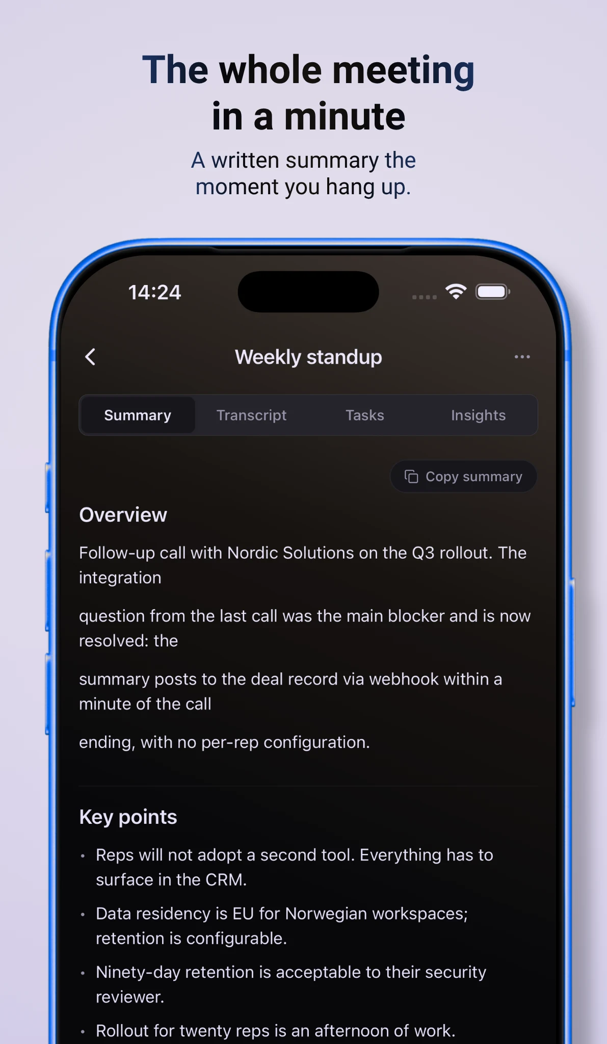 Meeting summary with overview and key points in the Trale app