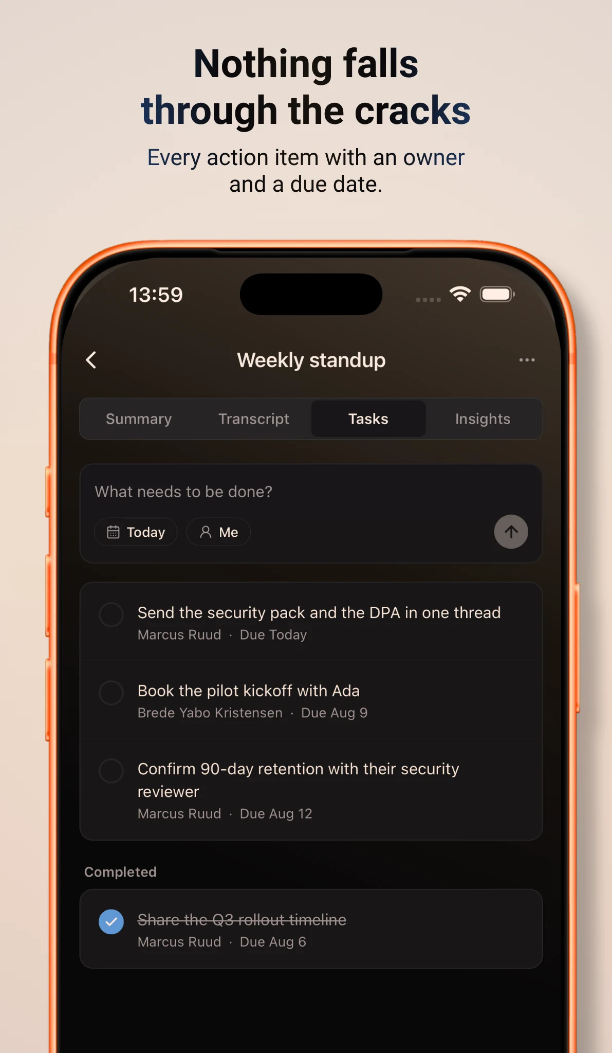 Task list with owners and due dates in the Trale app
